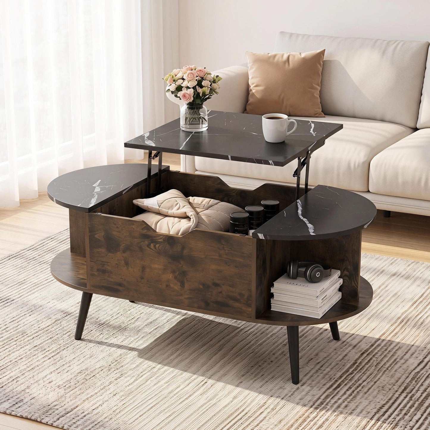 Lift Top Coffee Table with Hidden Compartment and Shelves