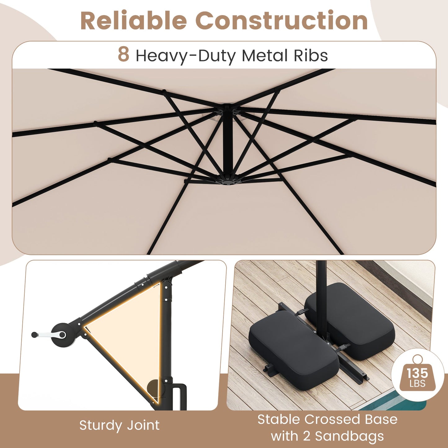 10 Feet Solar Offset Hanging Umbrella with Base and LED Lights