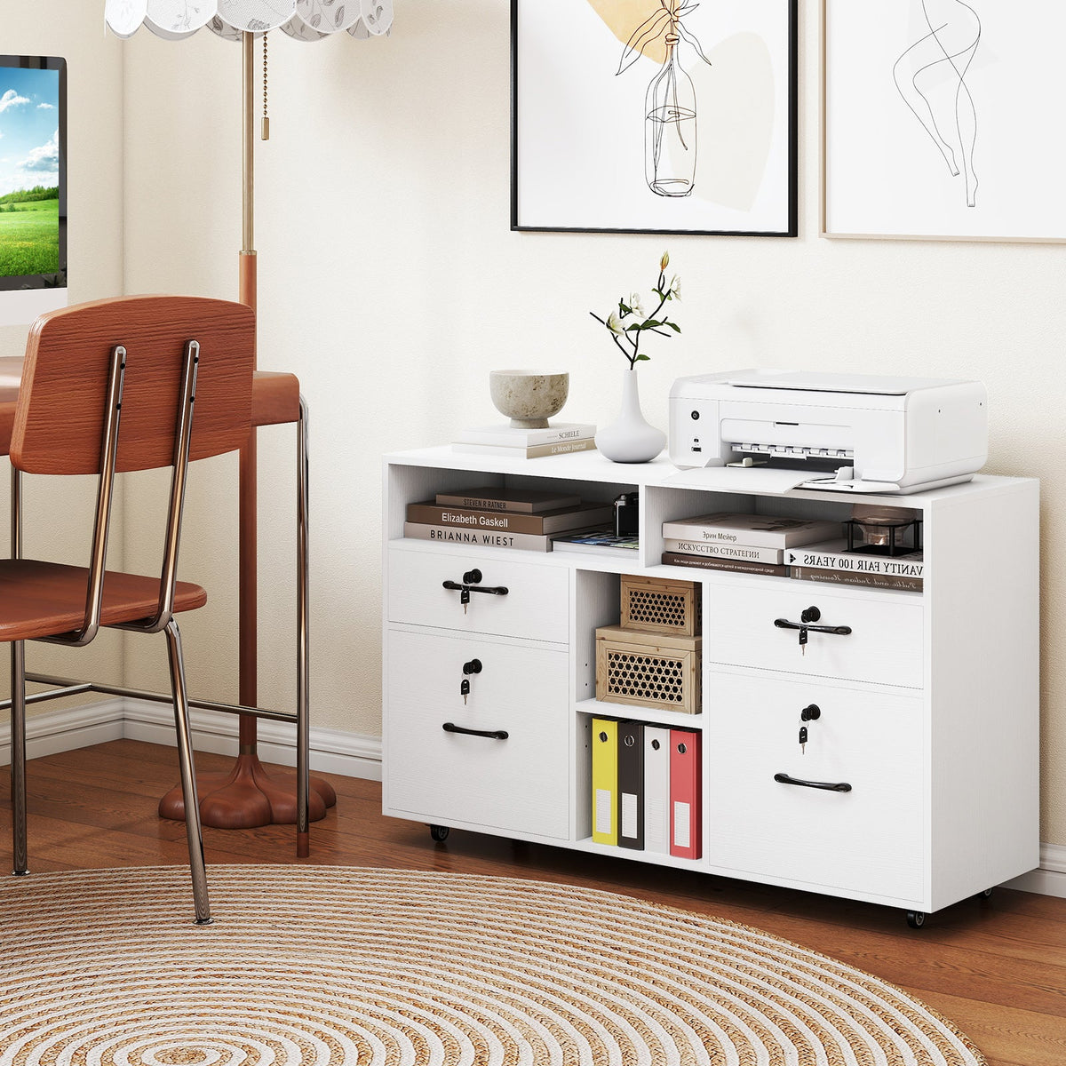 File Cabinet with Lock Mobile Lateral Filing Storage Organizer Modern Rolling Printer Stand