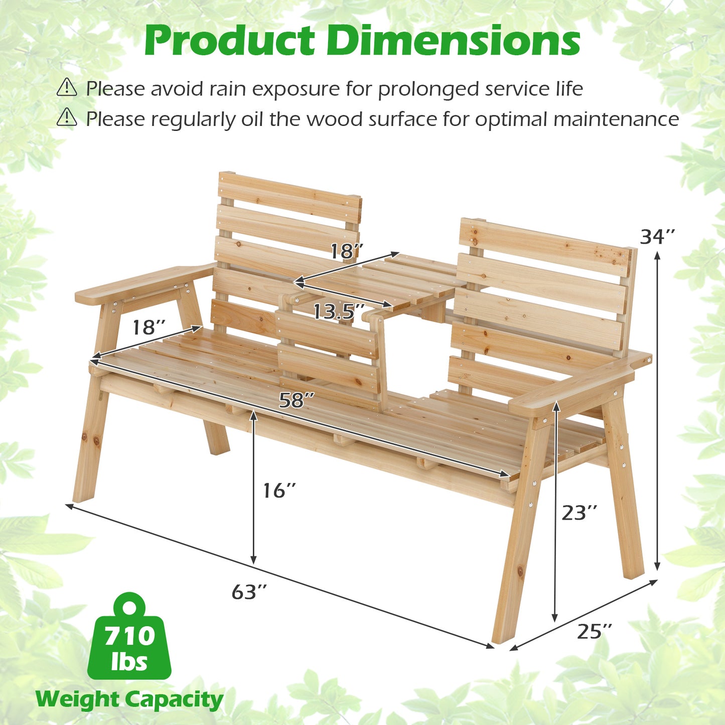 Foldable Outdoor Bench with Middle Table, Fir Wood