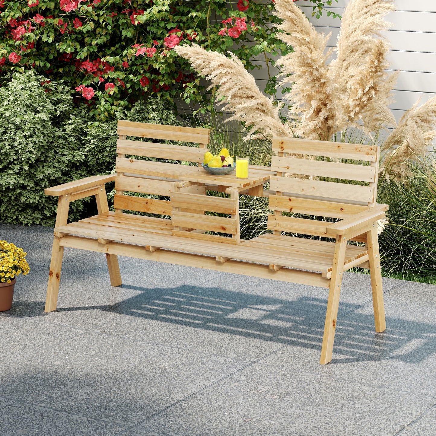 Foldable Outdoor Bench with Middle Table, Fir Wood