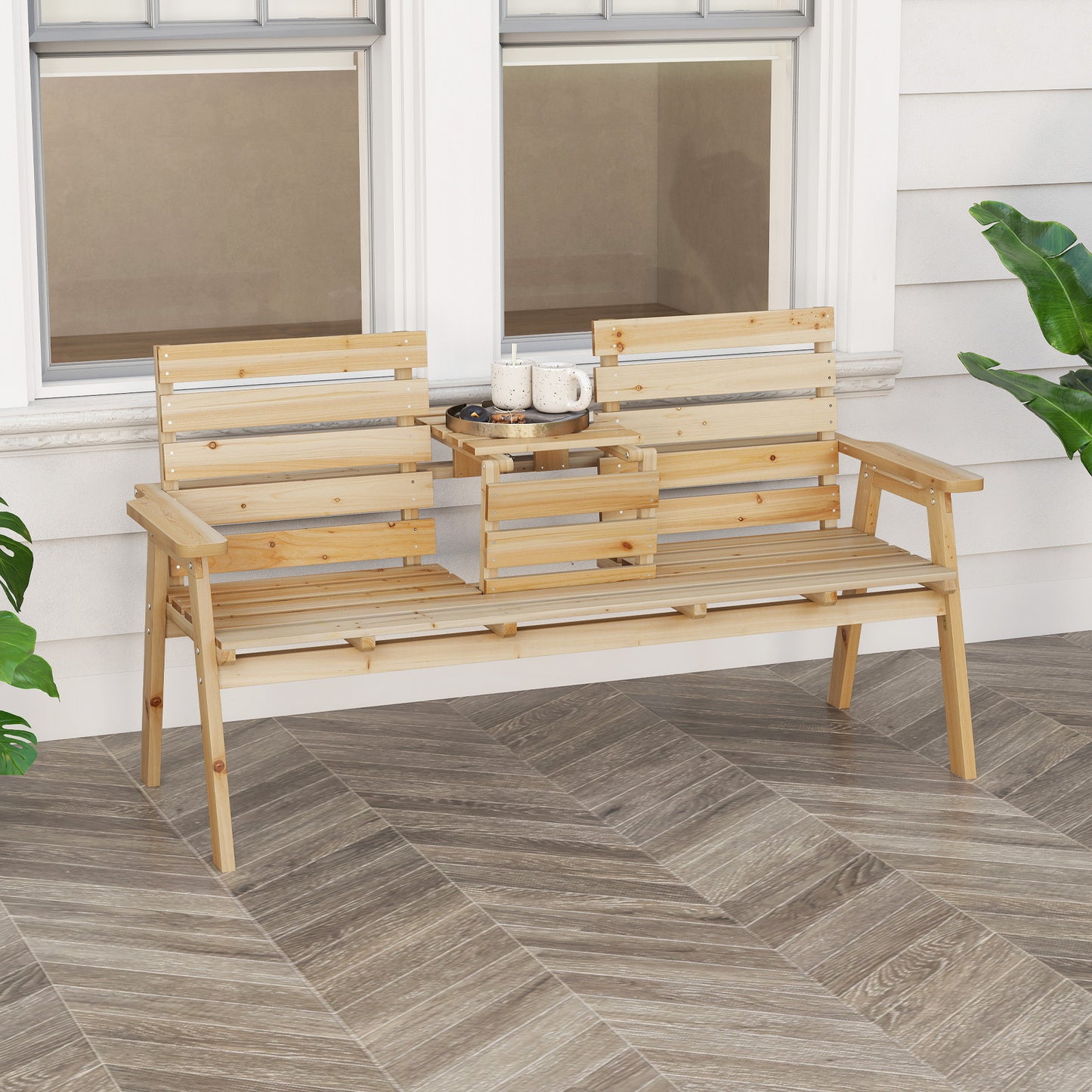 Foldable Outdoor Bench with Middle Table, Fir Wood