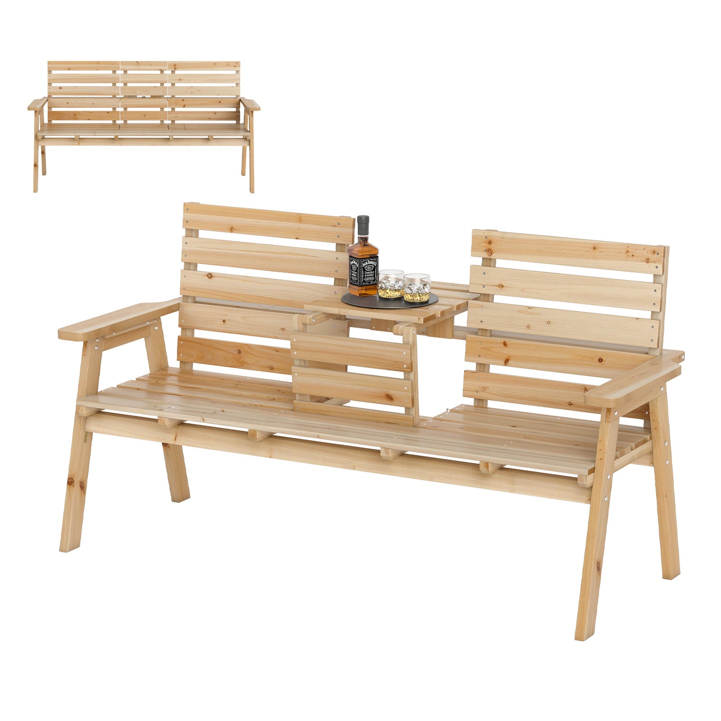 Foldable Outdoor Bench with Middle Table, Fir Wood