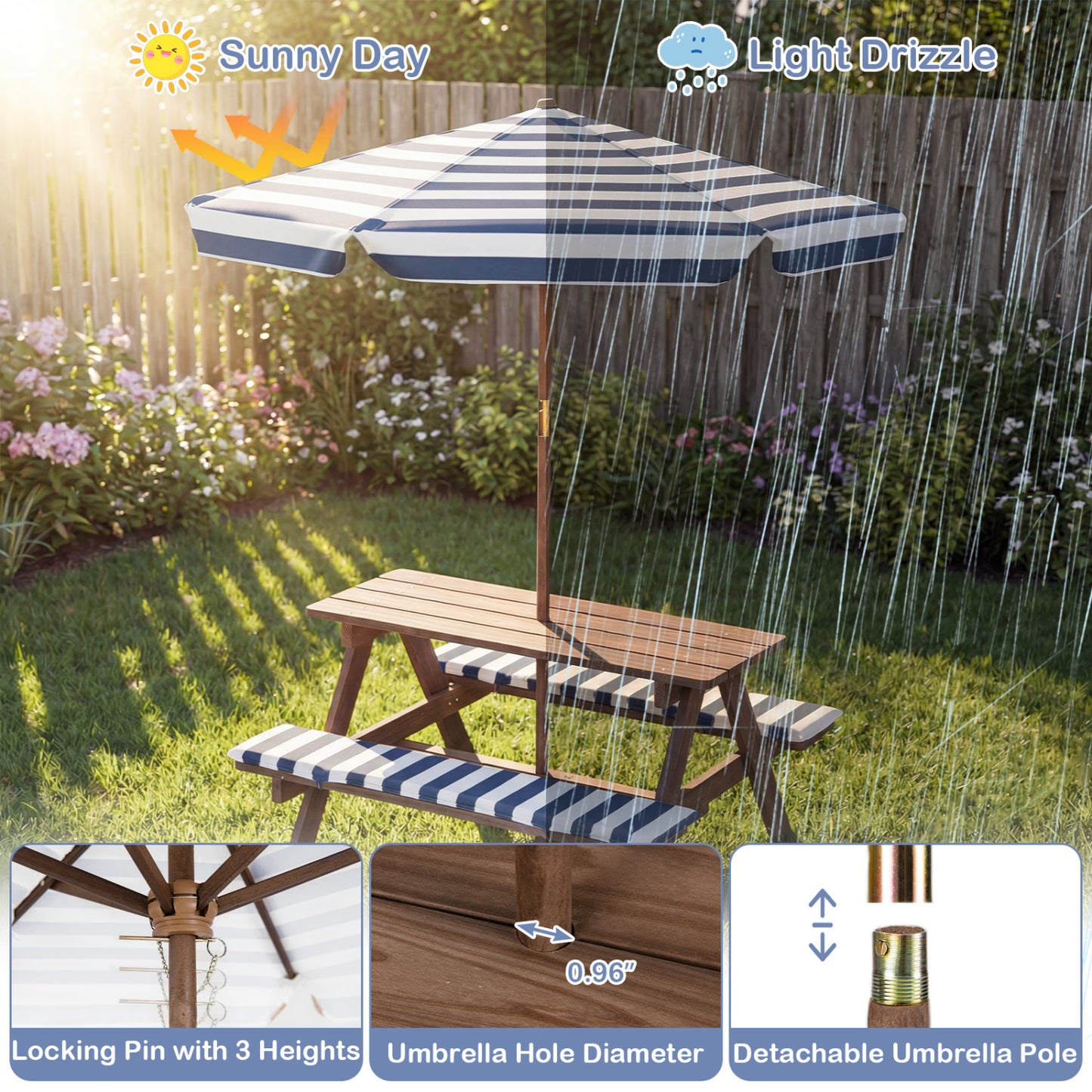 Kids Picnic Table with Benches and Umbrella - Fir Wood