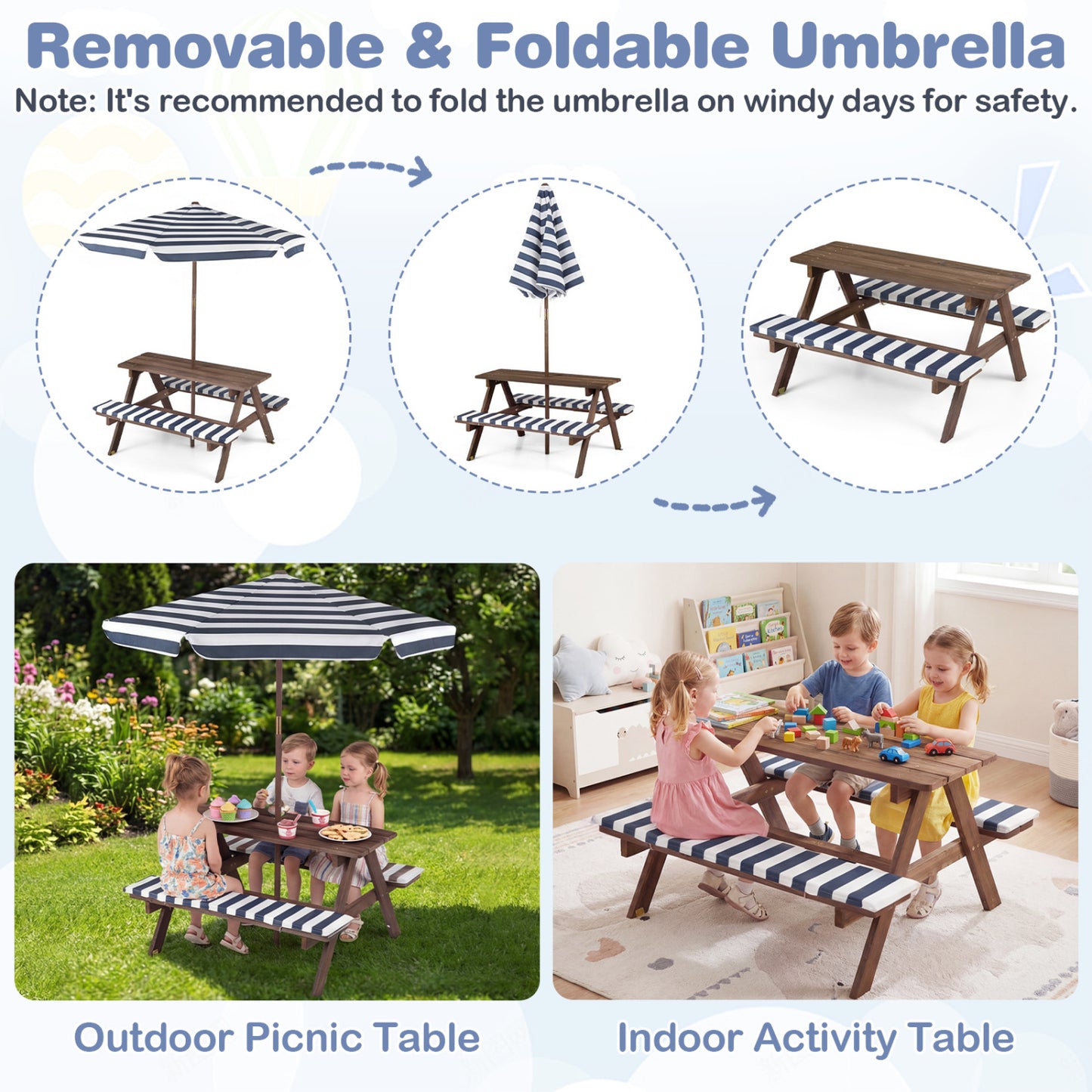 Kids Picnic Table with Benches and Umbrella - Fir Wood