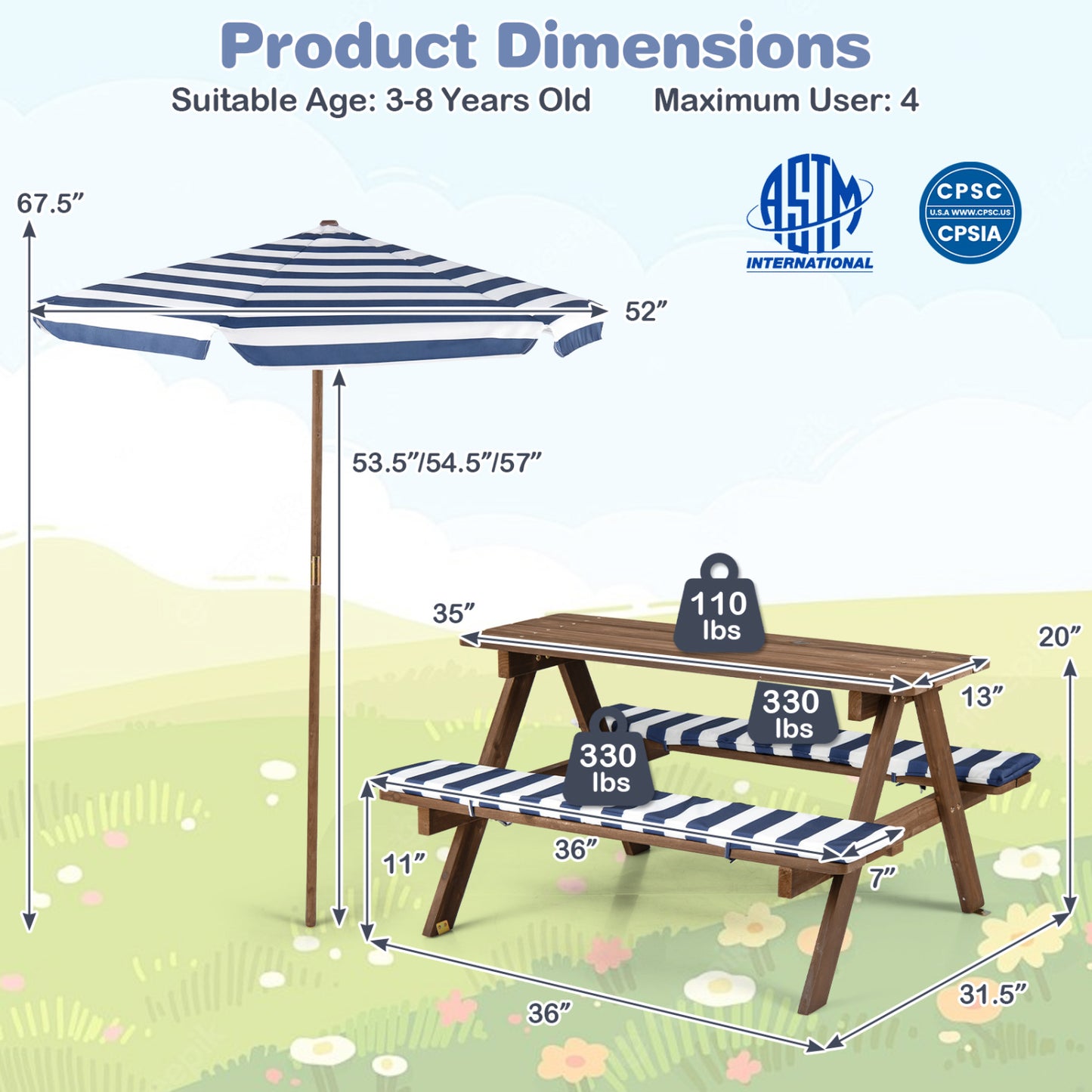 Kids Picnic Table with Benches and Umbrella - Fir Wood