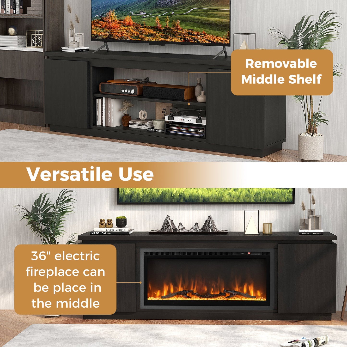 Fireplace TV Stand for TVs up to 80 Inch with 3 Adjustable Shelves