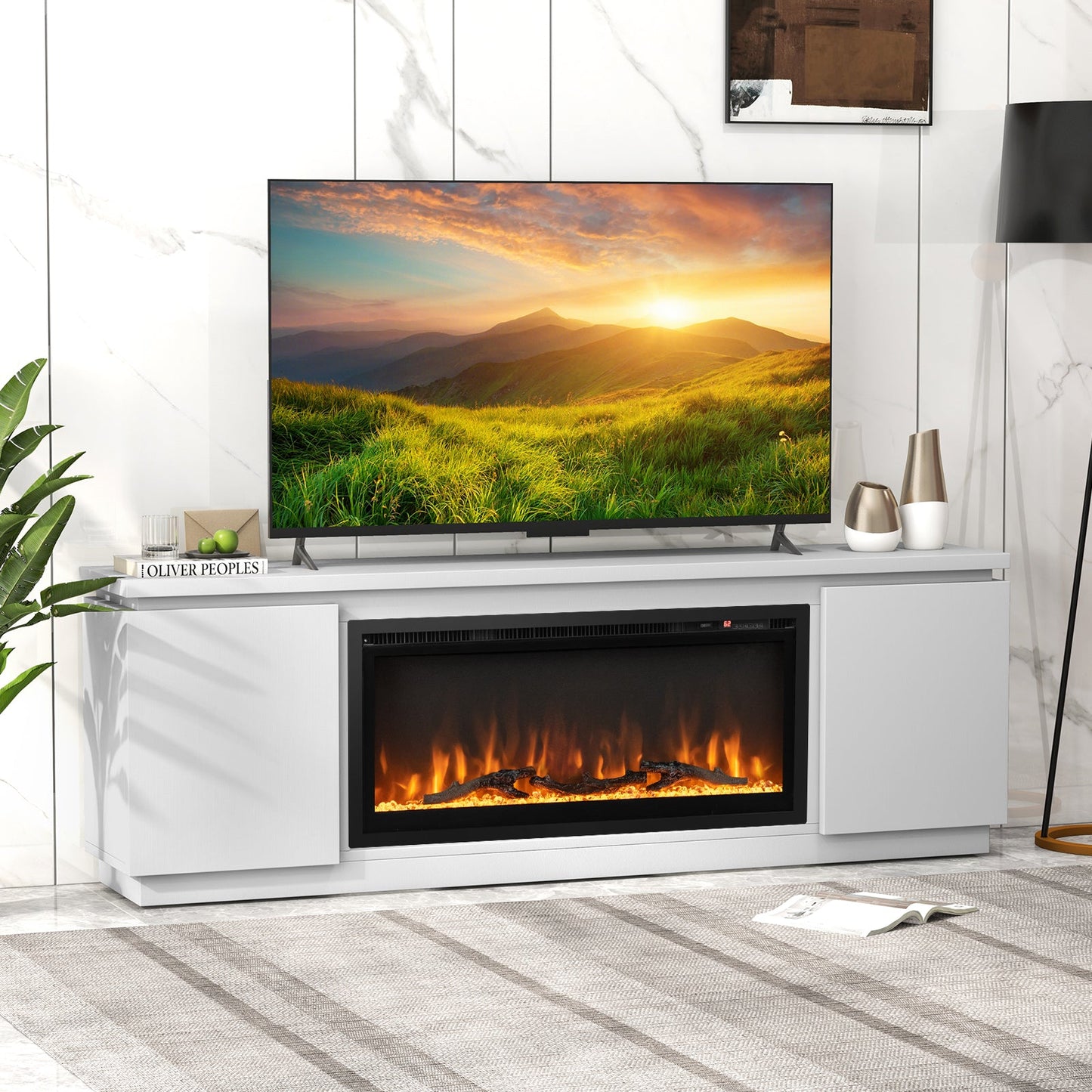 Fireplace TV Stand for TVs up to 80 Inch with 3 Adjustable Shelves