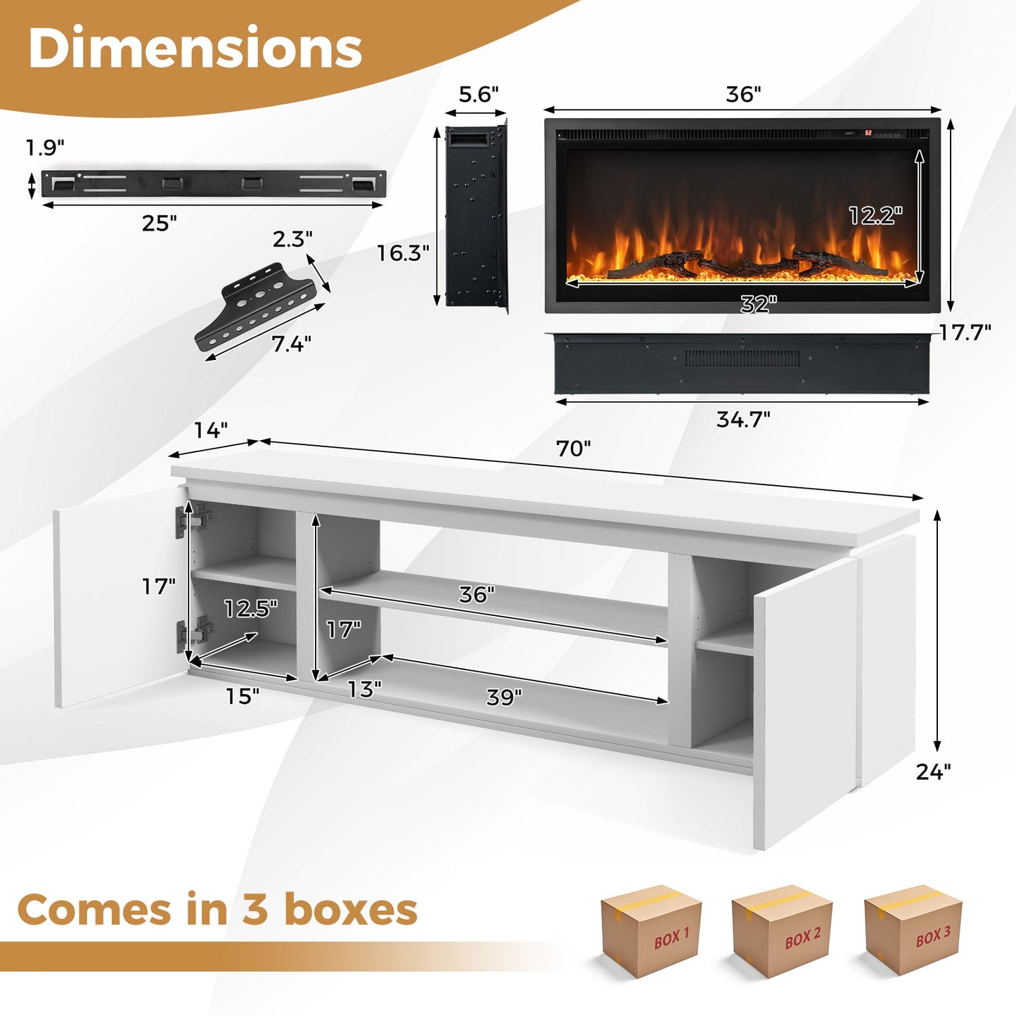 Fireplace TV Stand for TVs up to 80 Inch with 3 Adjustable Shelves