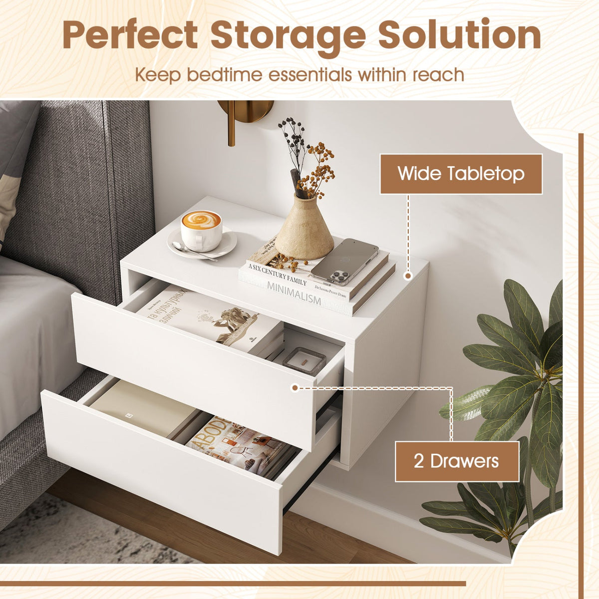 Wall Mounted Floating Nightstand with 2 Drawers