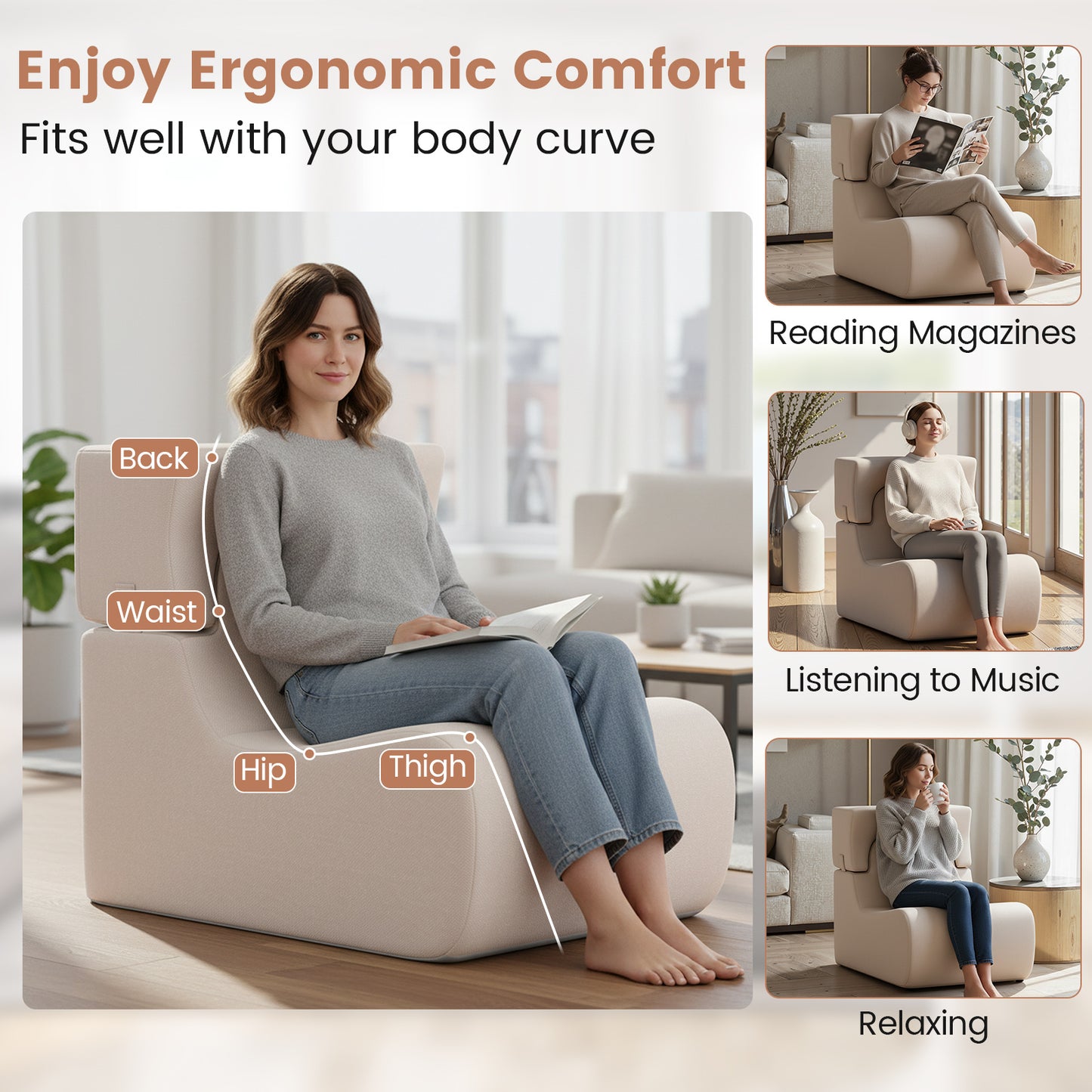 Floor Chair with Detachable Headrest and Washable Cover