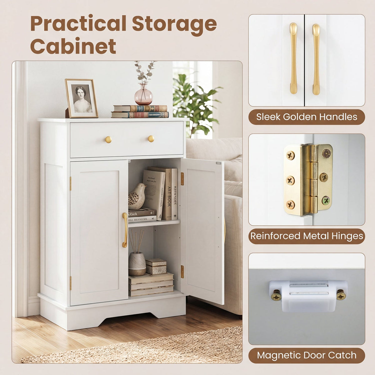 Floor Storage Cabinet with Drawer and Adjustable Shelf