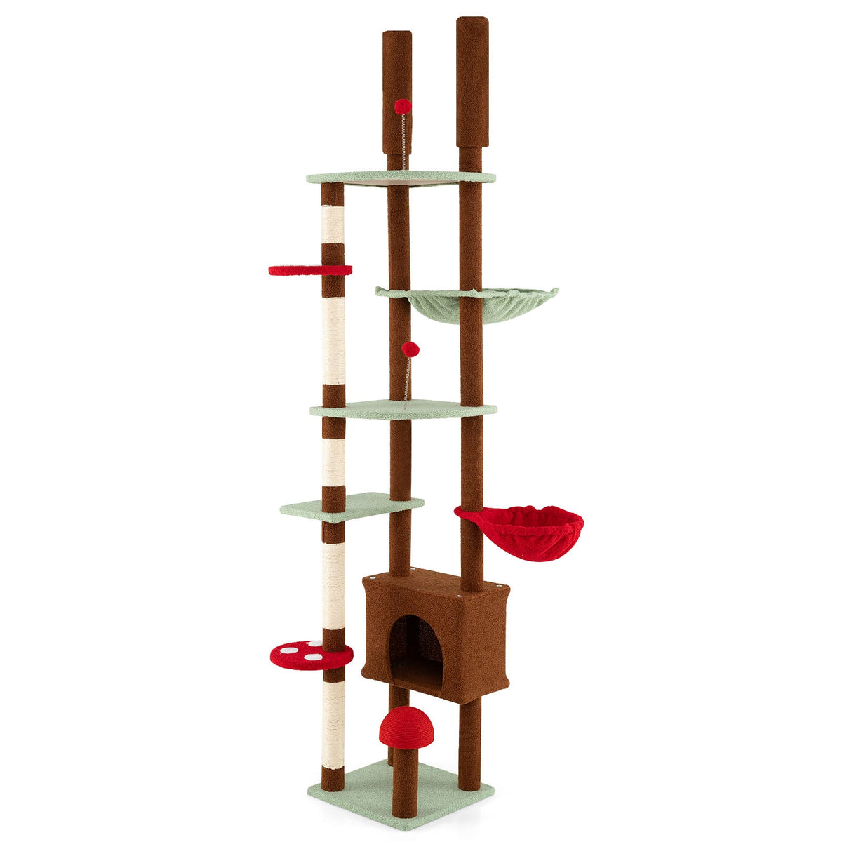 Floor to Ceiling Cat Tree Adjustable Mushroom Themed with Condo and Hammock-Brown