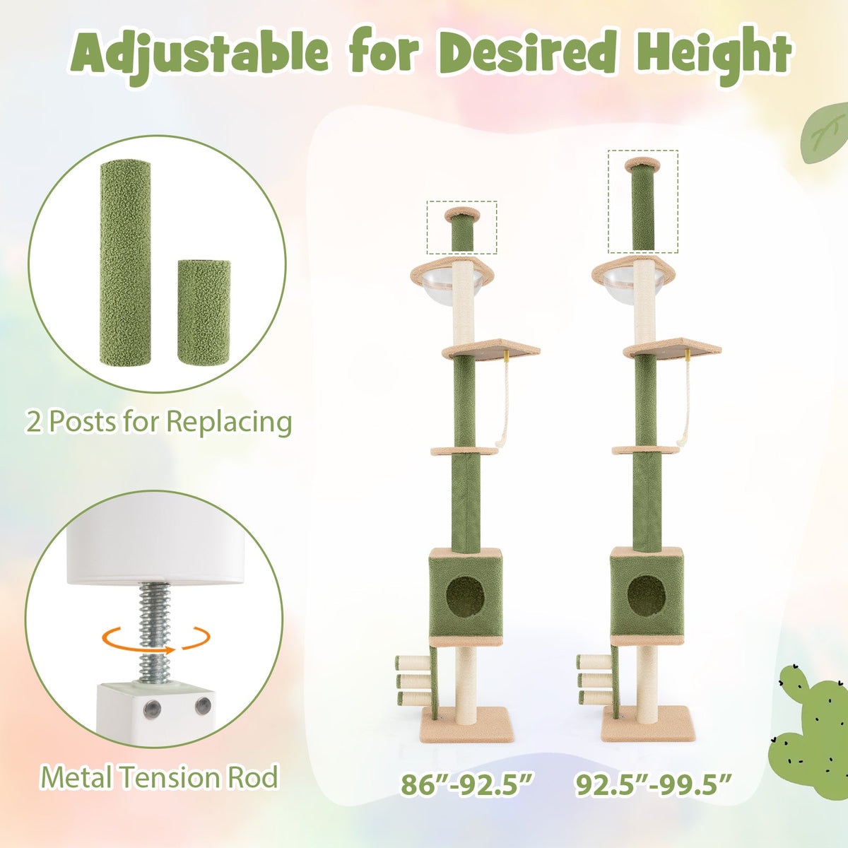 Floor to Ceiling Cat Tree with 86-99.5 Inch Adjustable Height and Extra Post-Green