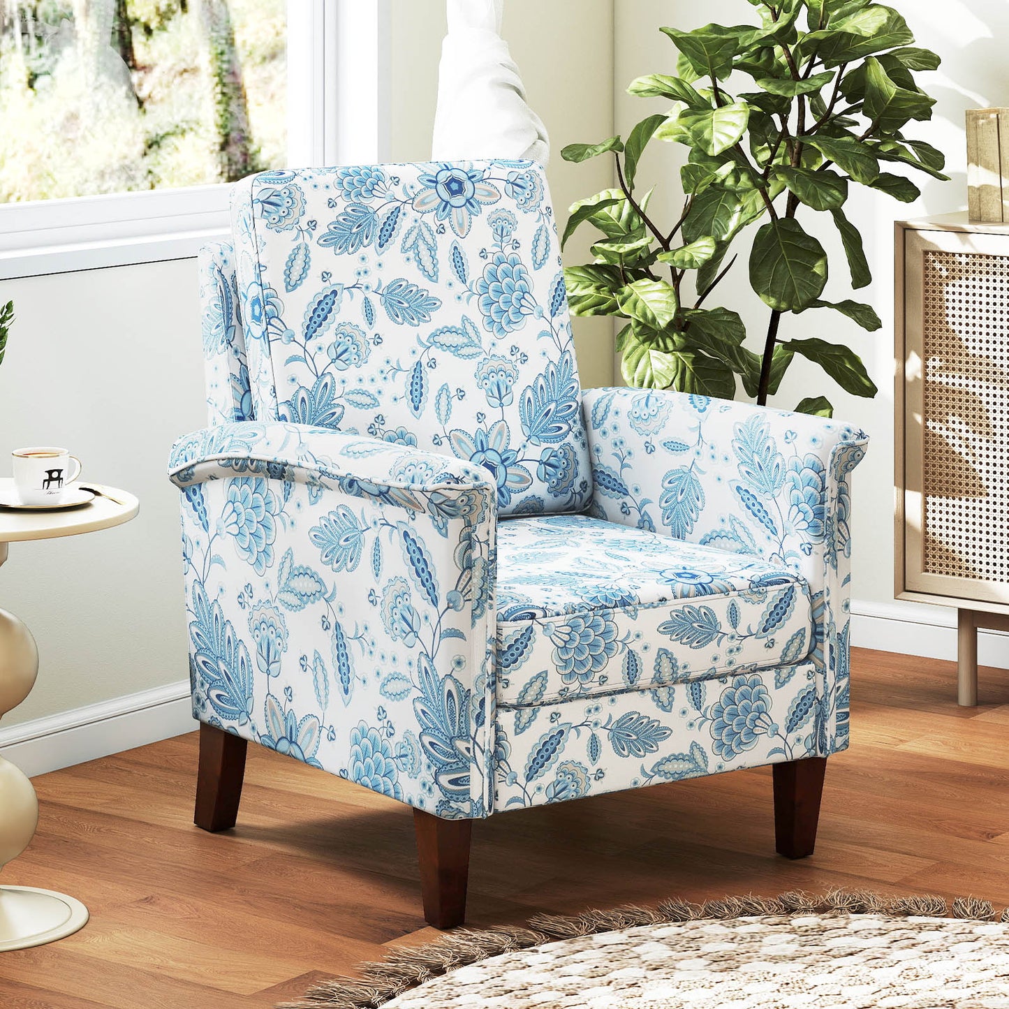 Floral Accent Chair with High Back and Solid Wood Legs
