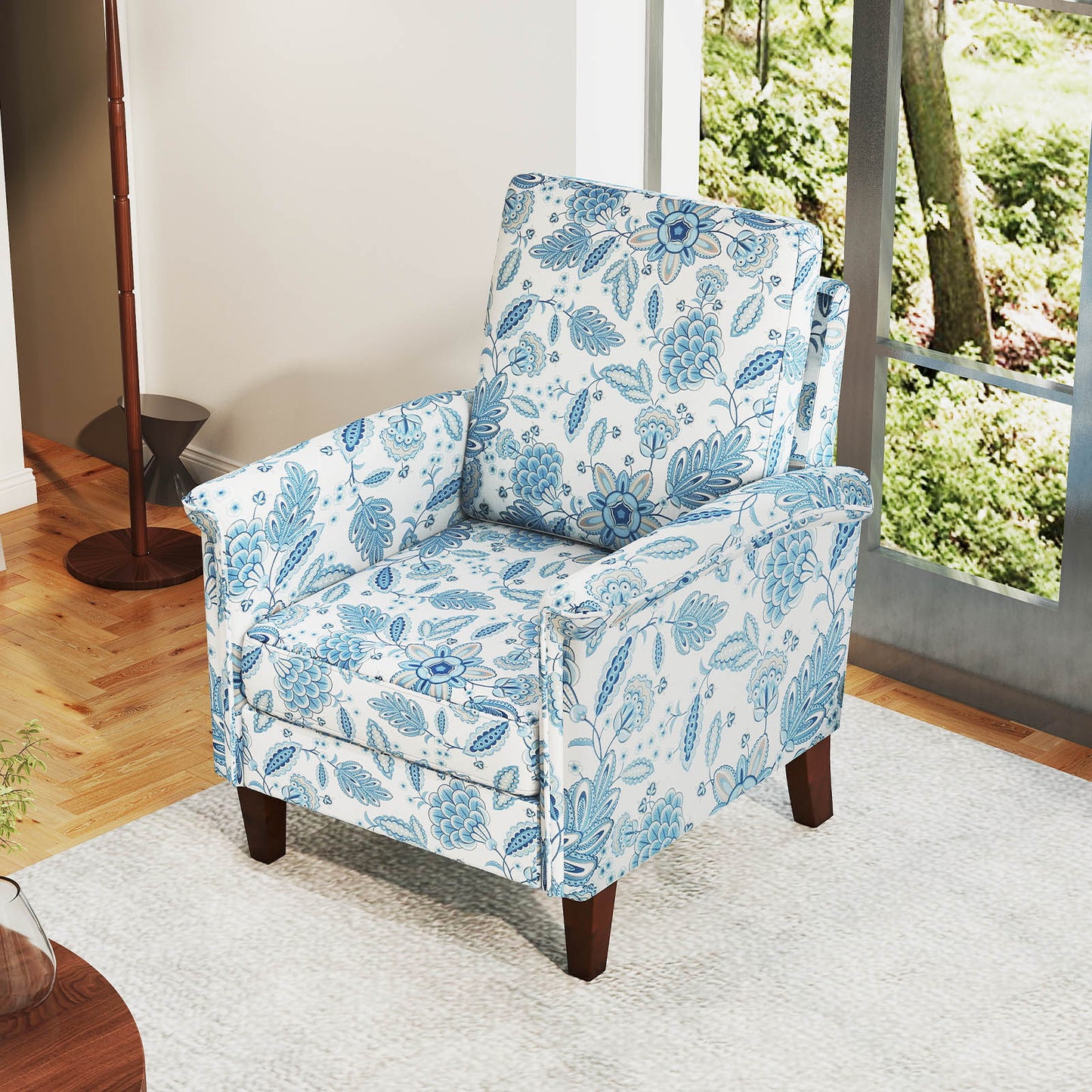 Floral Accent Chair with High Back and Solid Wood Legs