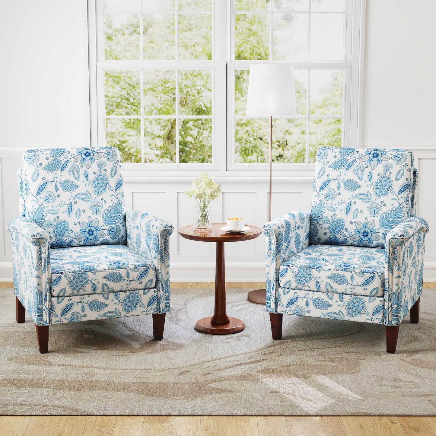Floral Accent Chair with High Back and Solid Wood Legs