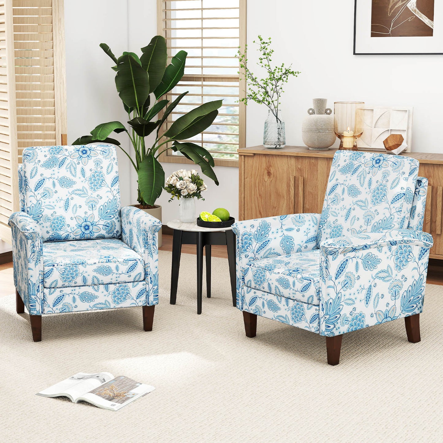 Floral Accent Chair with High Back and Solid Wood Legs