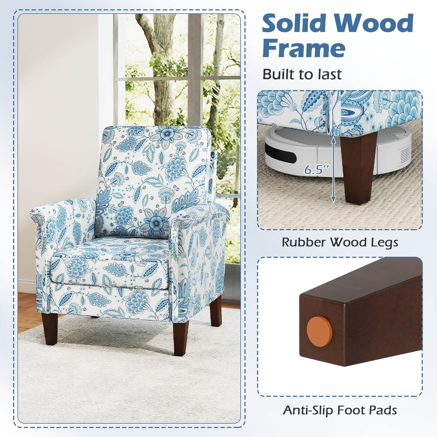 Floral Accent Chair with High Back and Solid Wood Legs