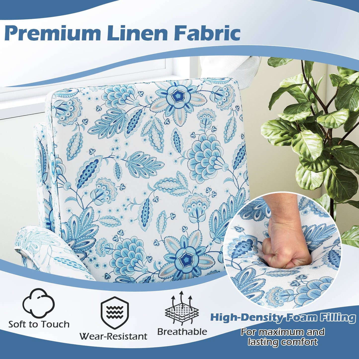 Floral Accent Chair with High Back and Solid Wood Legs