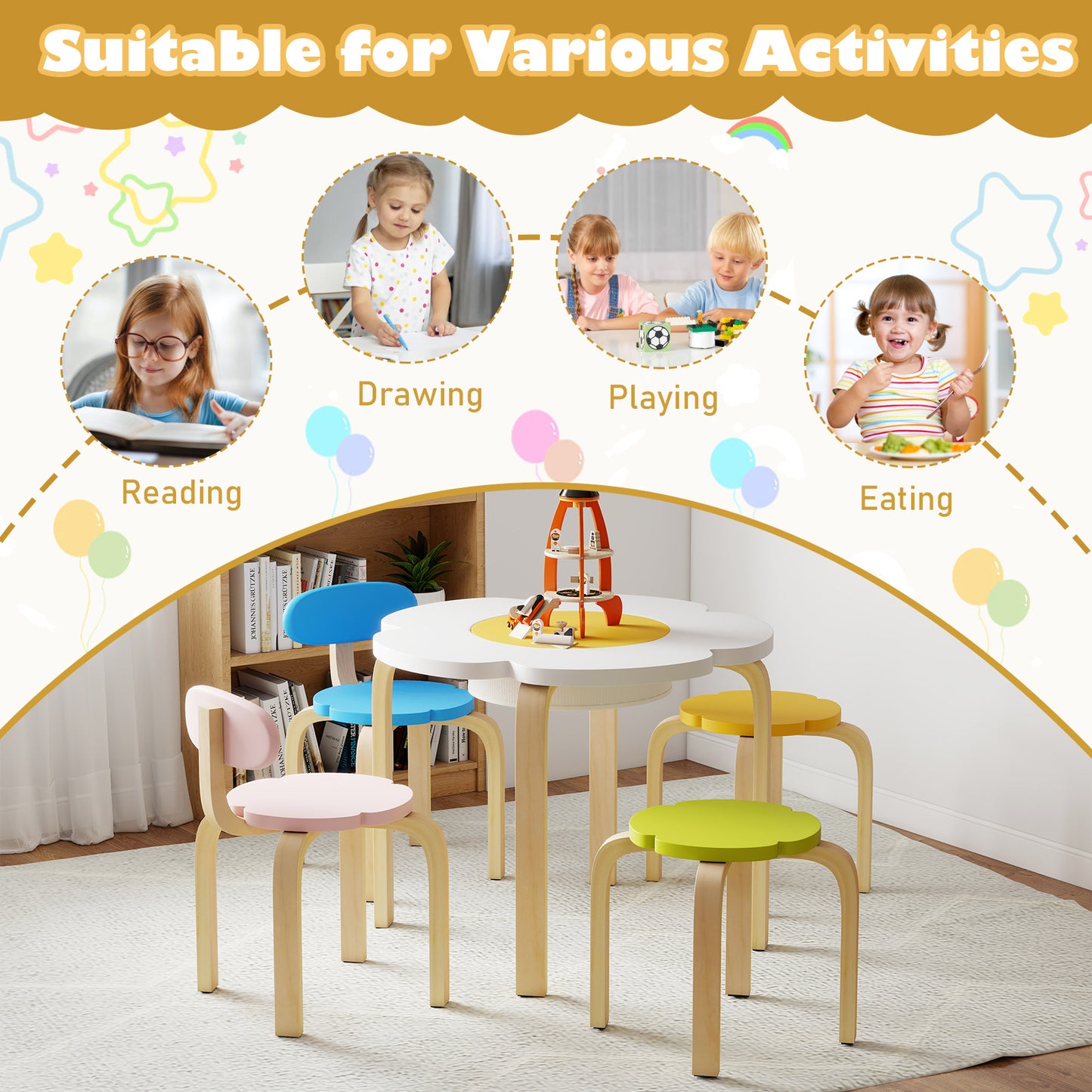 Kids Table and Chair Set with Storage, Flower Shape