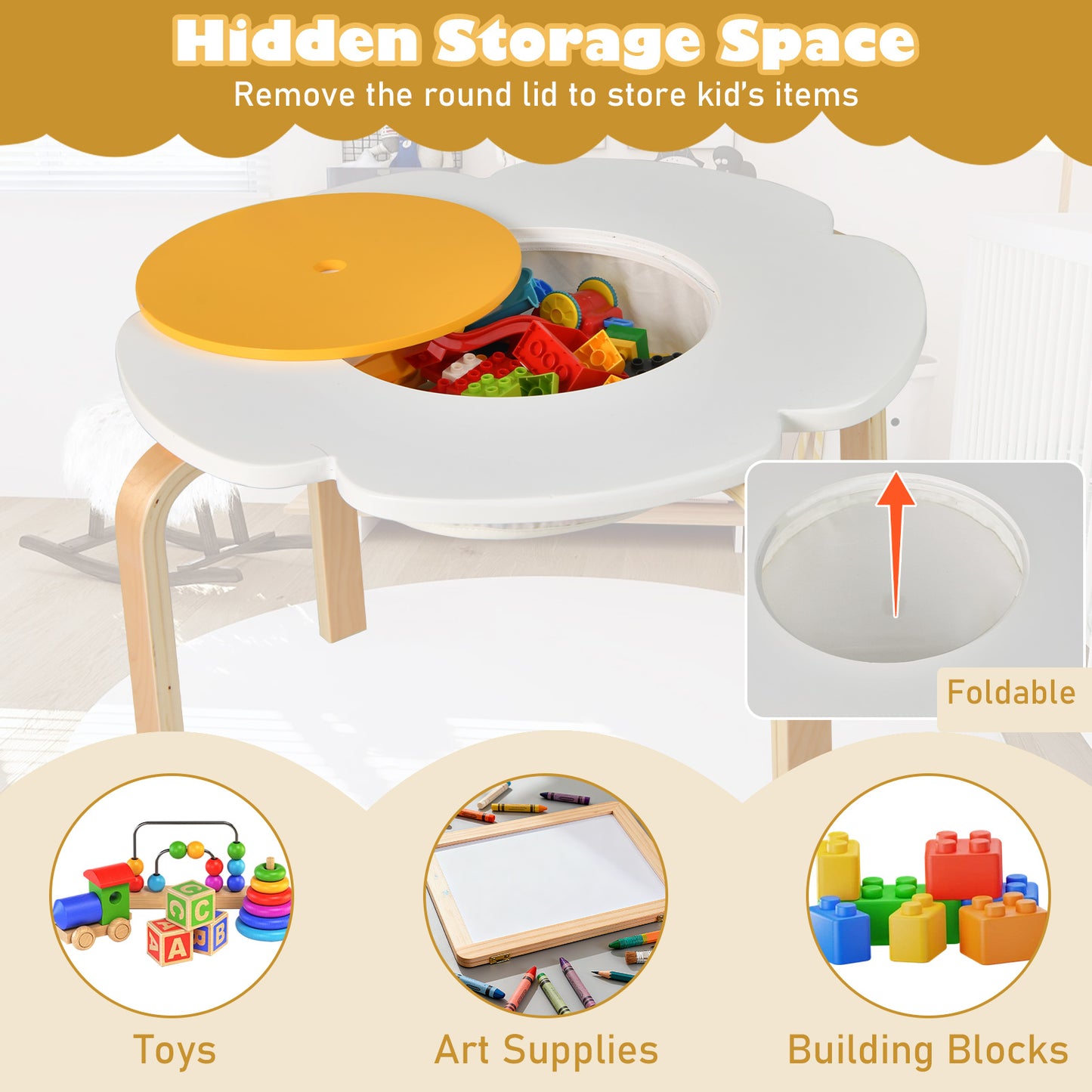 Kids Table and Chair Set with Storage, Flower Shape