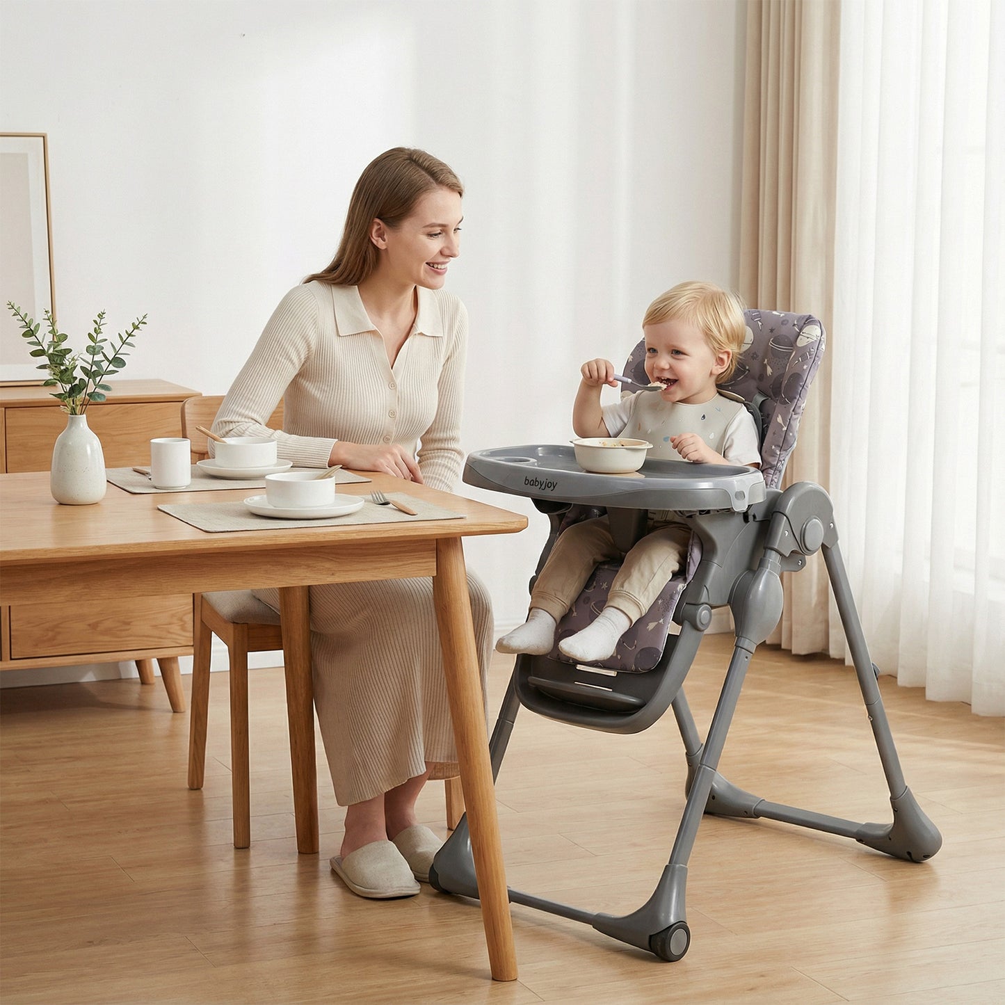 Folding High Chair with Adjustable Height and Cushion