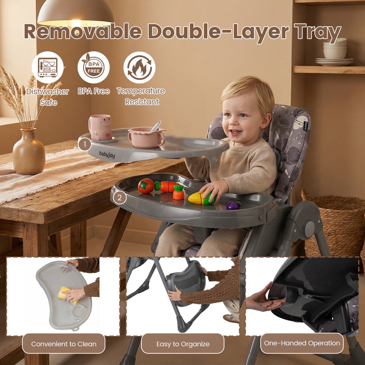 Folding High Chair with Adjustable Height and Cushion