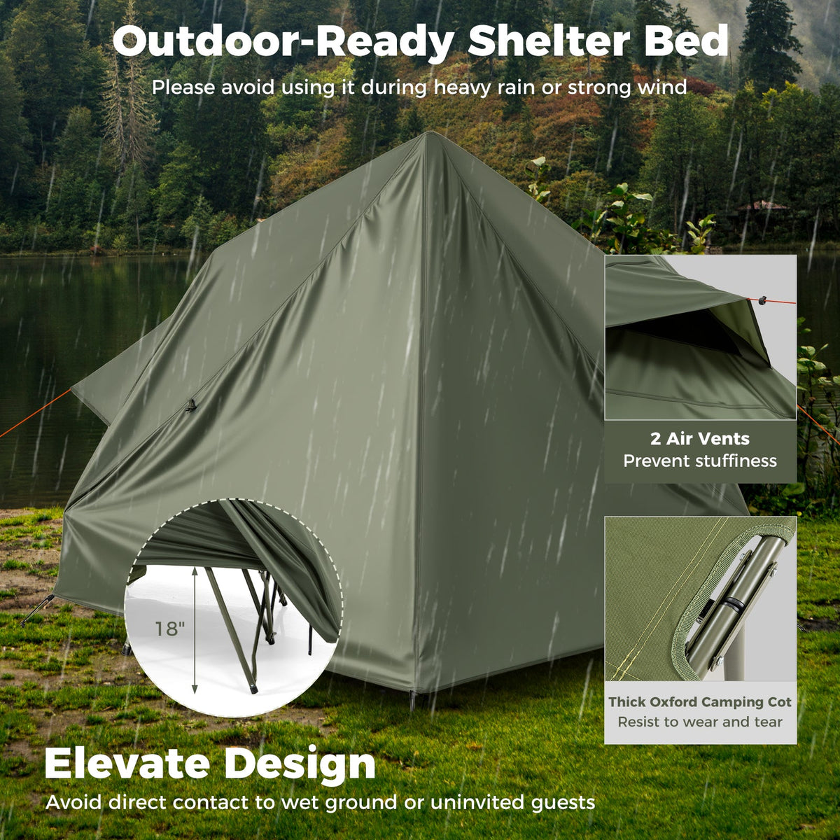 Foldable 2-Person Camping Cot Tent with Pop-up Tent Shelter and Portable Wheeled Bag-Green