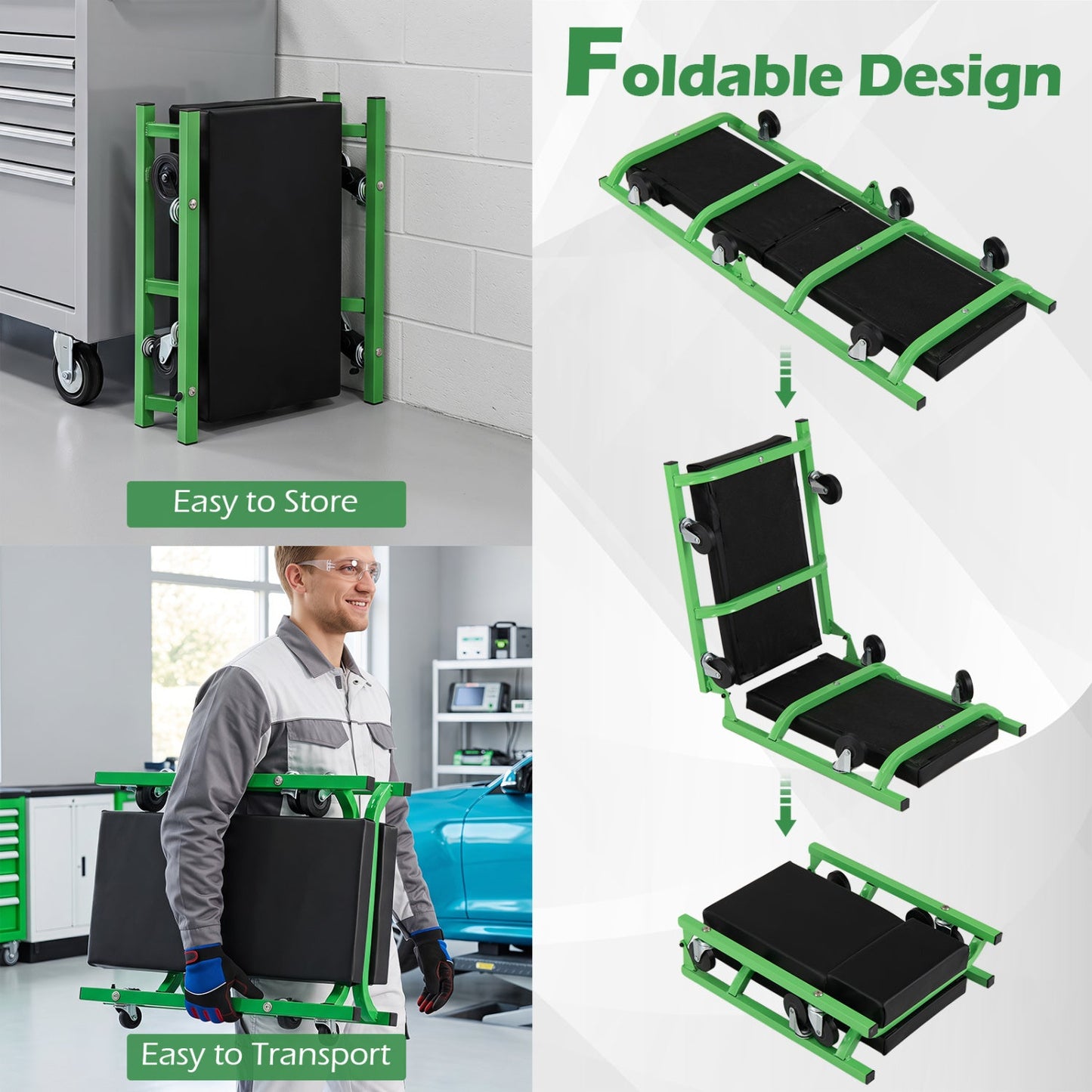 Foldable Automotive Creeper with 360° Swivel Wheels 330 lbs