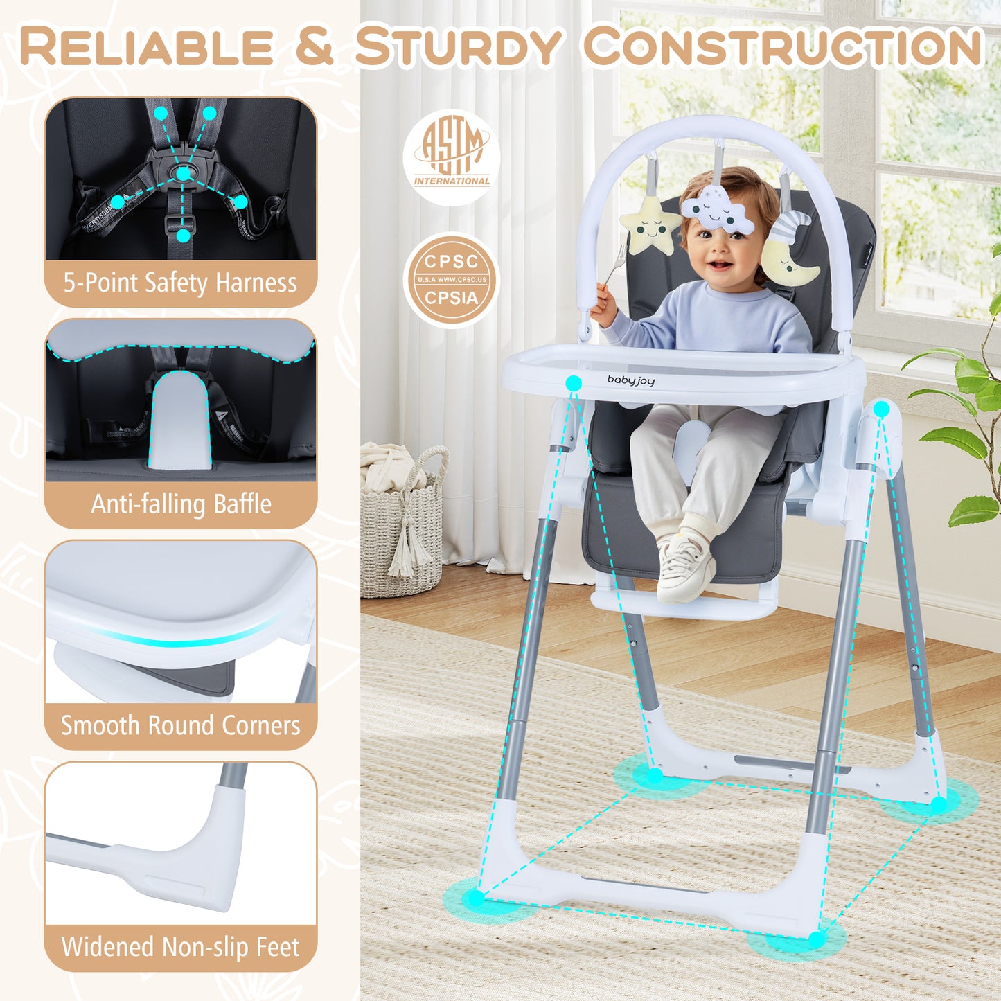 Foldable Baby High Chair with Adjustable Height