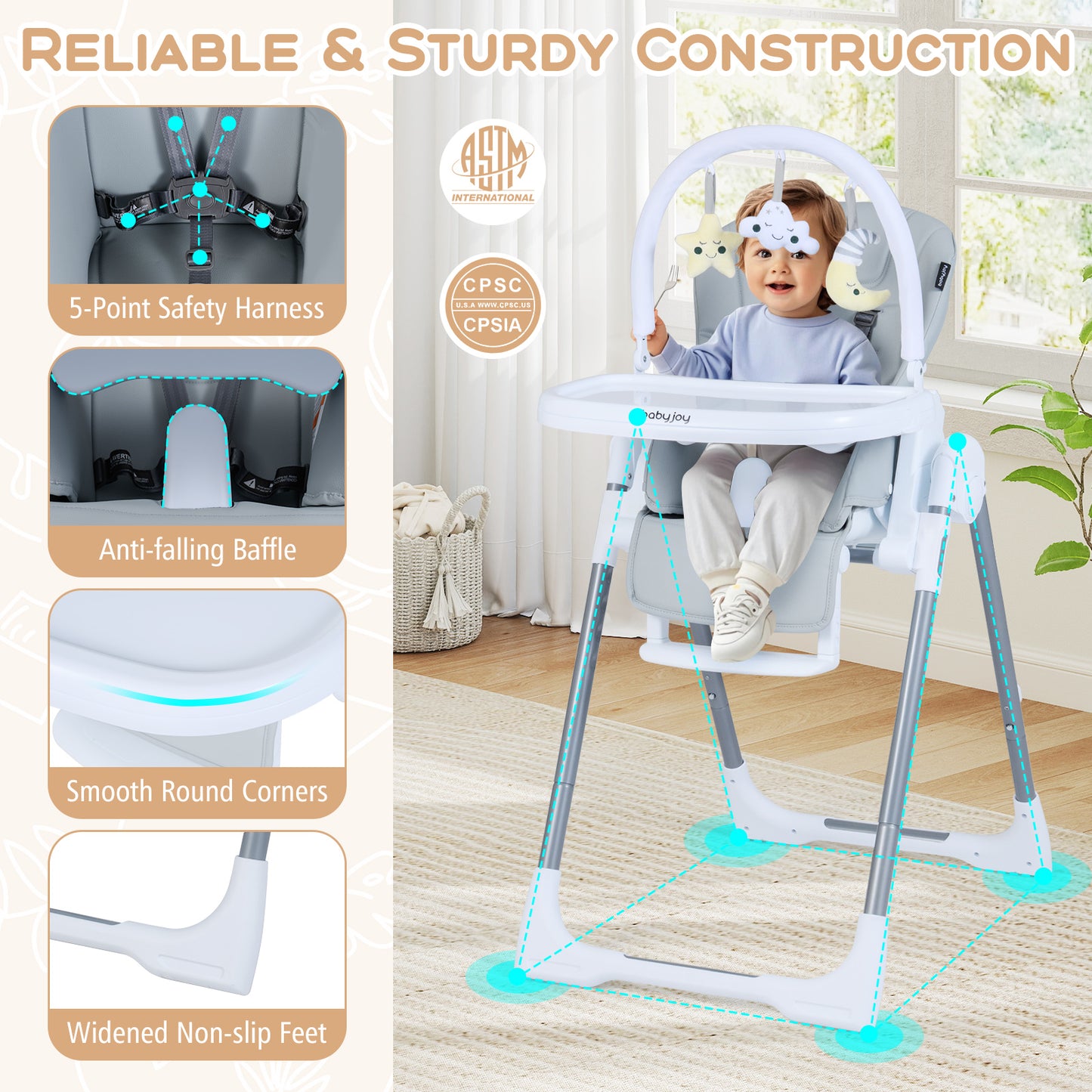Foldable Baby High Chair with Adjustable Height