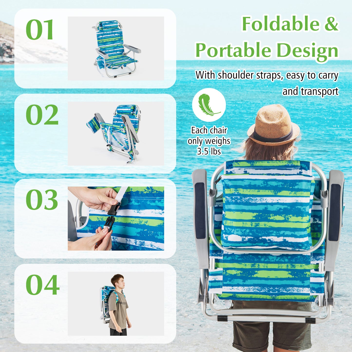 Foldable Beach Chair with 5-Position Backrest and Cup Holder