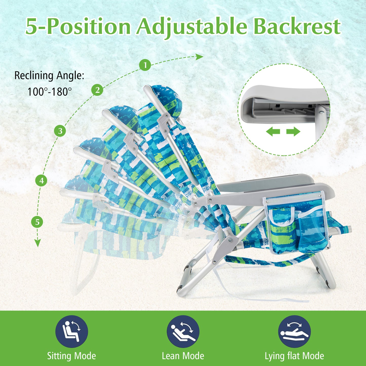 Foldable Beach Chair with 5-Position Backrest and Cup Holder