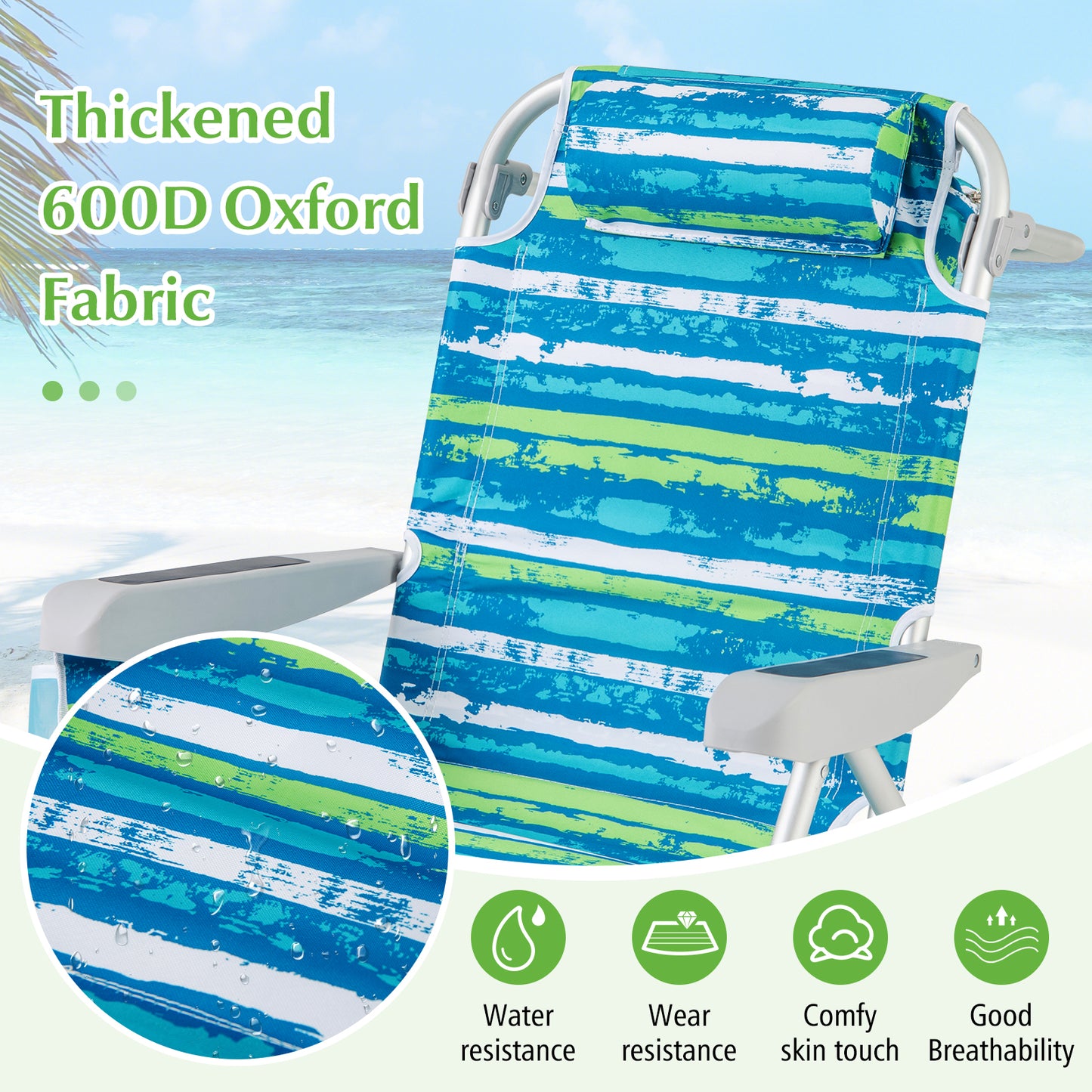 Foldable Beach Chair with 5-Position Backrest and Cup Holder