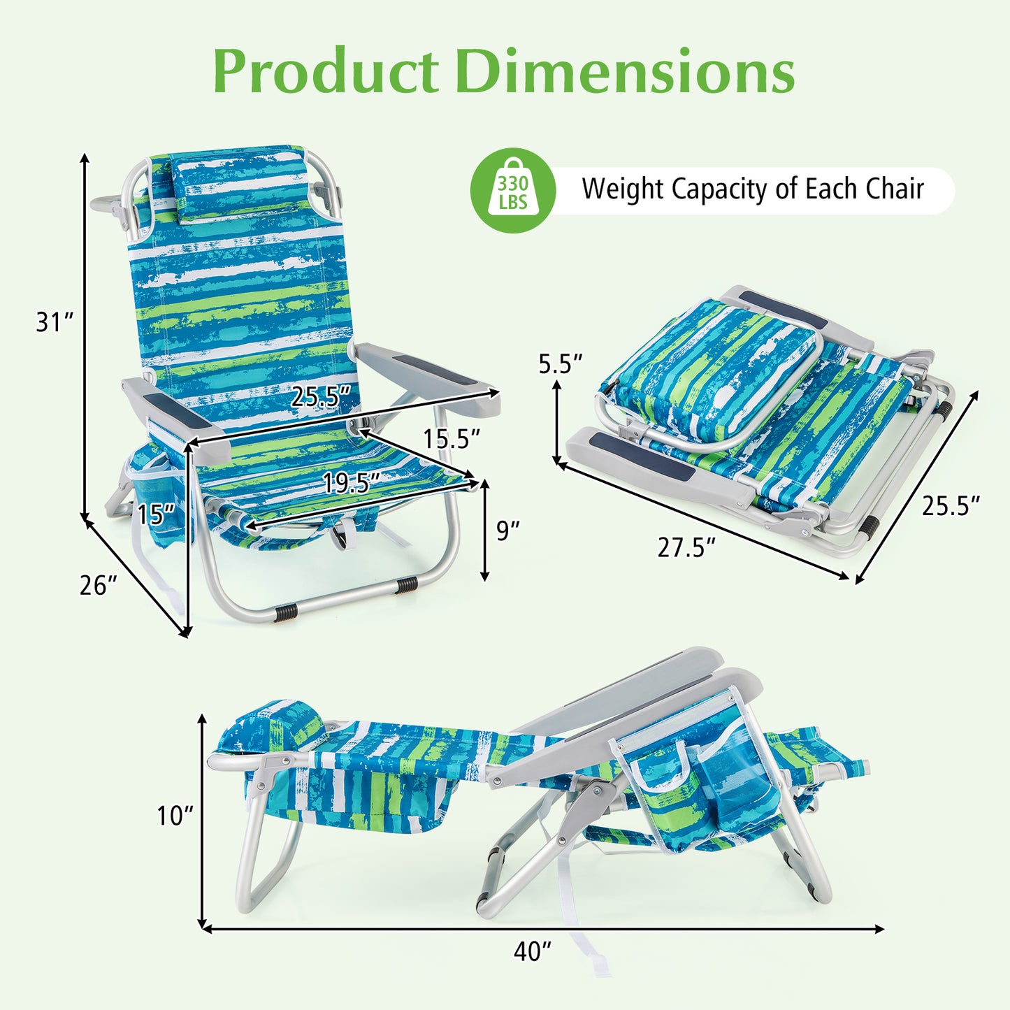 Foldable Beach Chair with 5-Position Backrest and Cup Holder