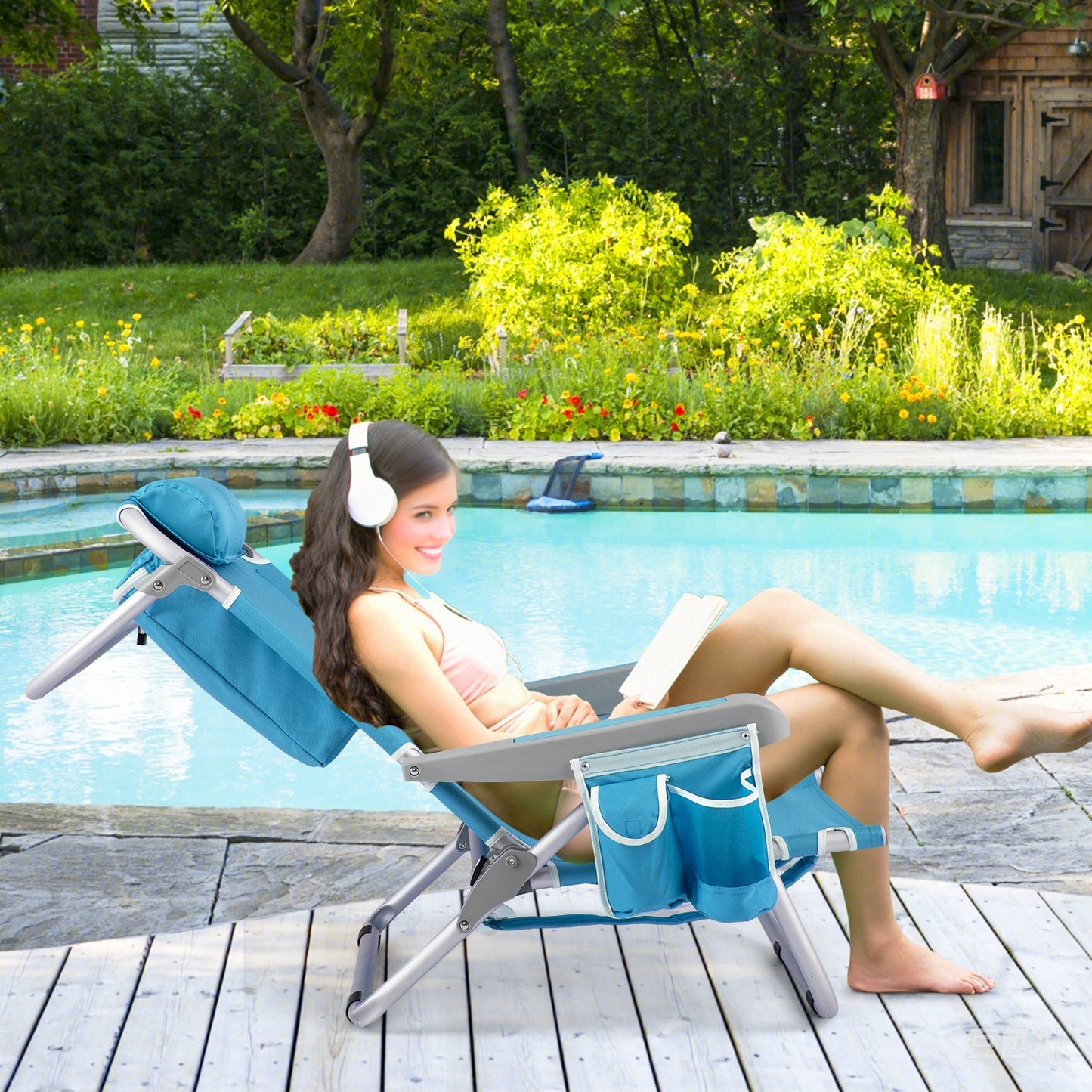 Foldable Beach Chair Set of 2 with Cup Holder & Storage