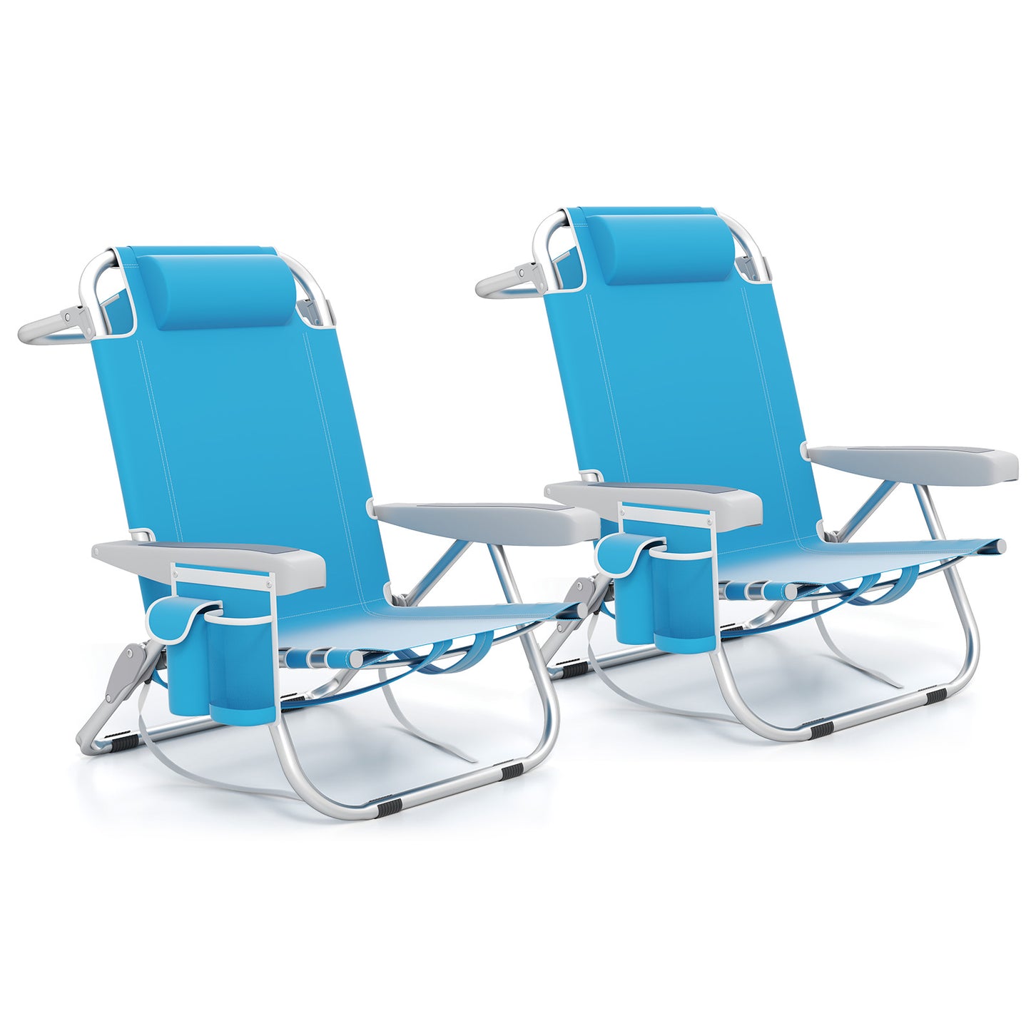 Foldable Beach Chair Set of 2 with Cup Holder & Storage