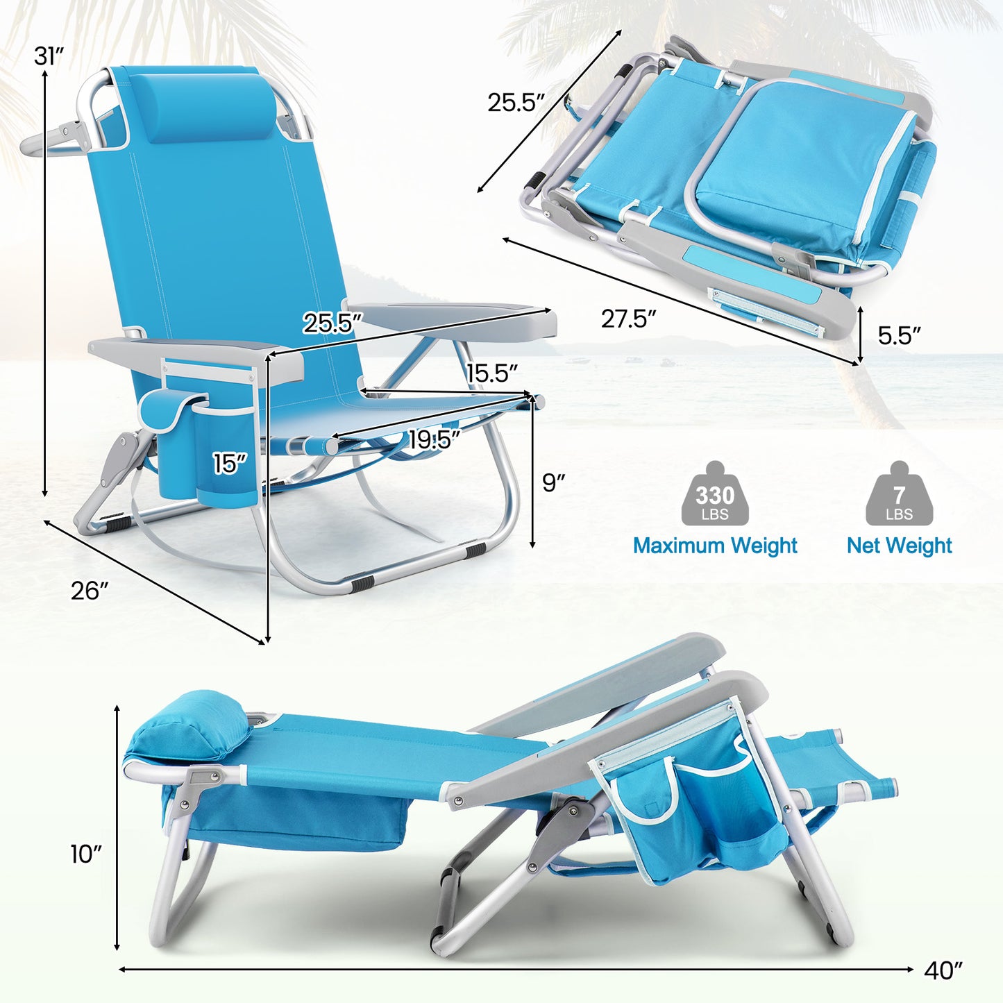 Foldable Beach Chair Set of 2 with Cup Holder & Storage