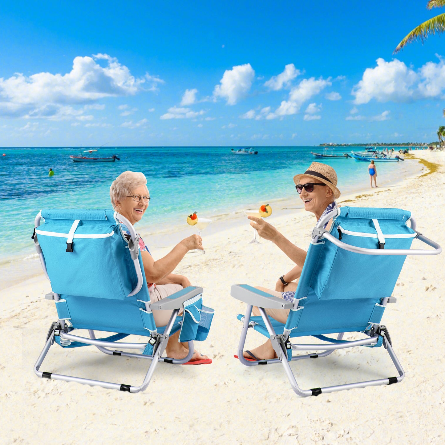 Foldable Beach Chair Set of 2 with Cup Holder & Storage