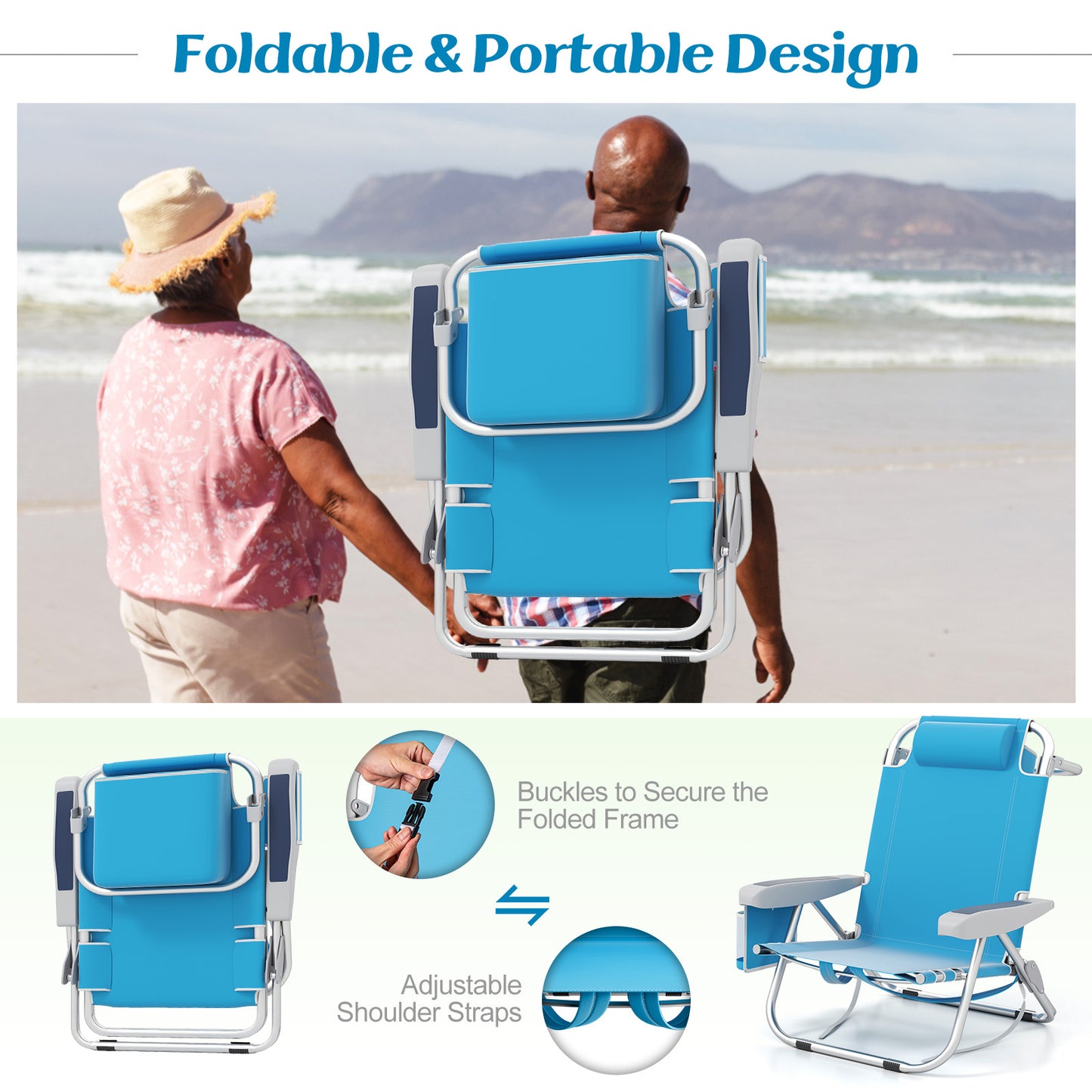 Foldable Beach Chair Set of 2 with Cup Holder & Storage