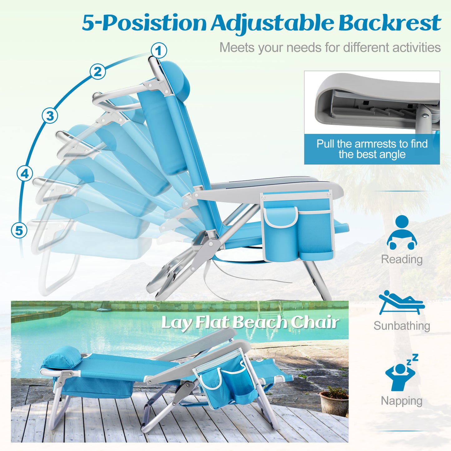 Foldable Beach Chair Set of 2 with Cup Holder & Storage