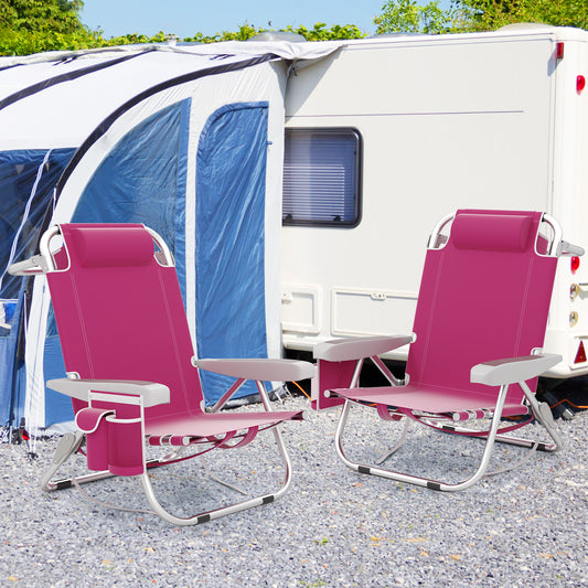 Foldable Beach Chair Set of 2 with Cup Holder & Storage