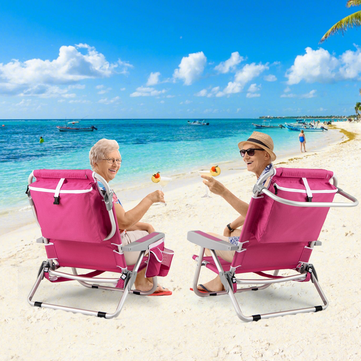 Foldable Beach Chair Set of 2 with Cup Holder & Storage