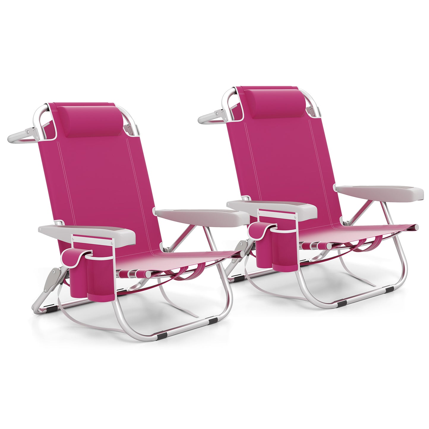Foldable Beach Chair Set of 2 with Cup Holder & Storage