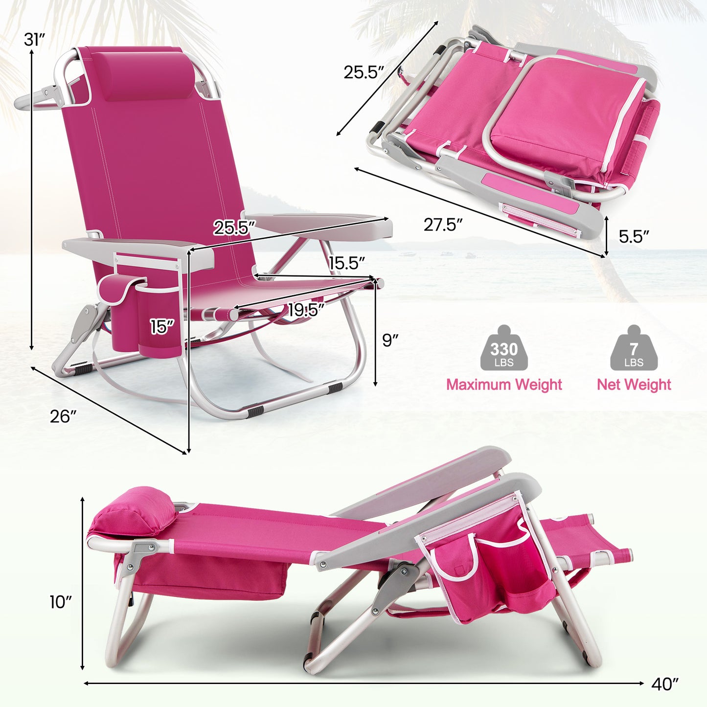 Foldable Beach Chair Set of 2 with Cup Holder & Storage
