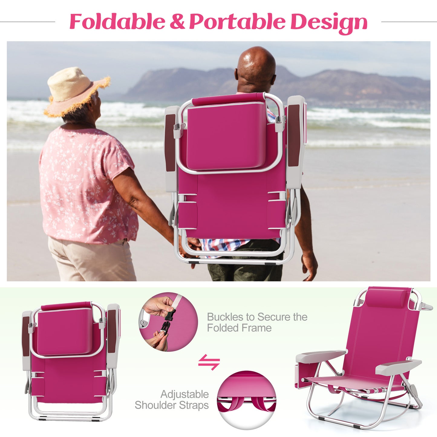 Foldable Beach Chair Set of 2 with Cup Holder & Storage