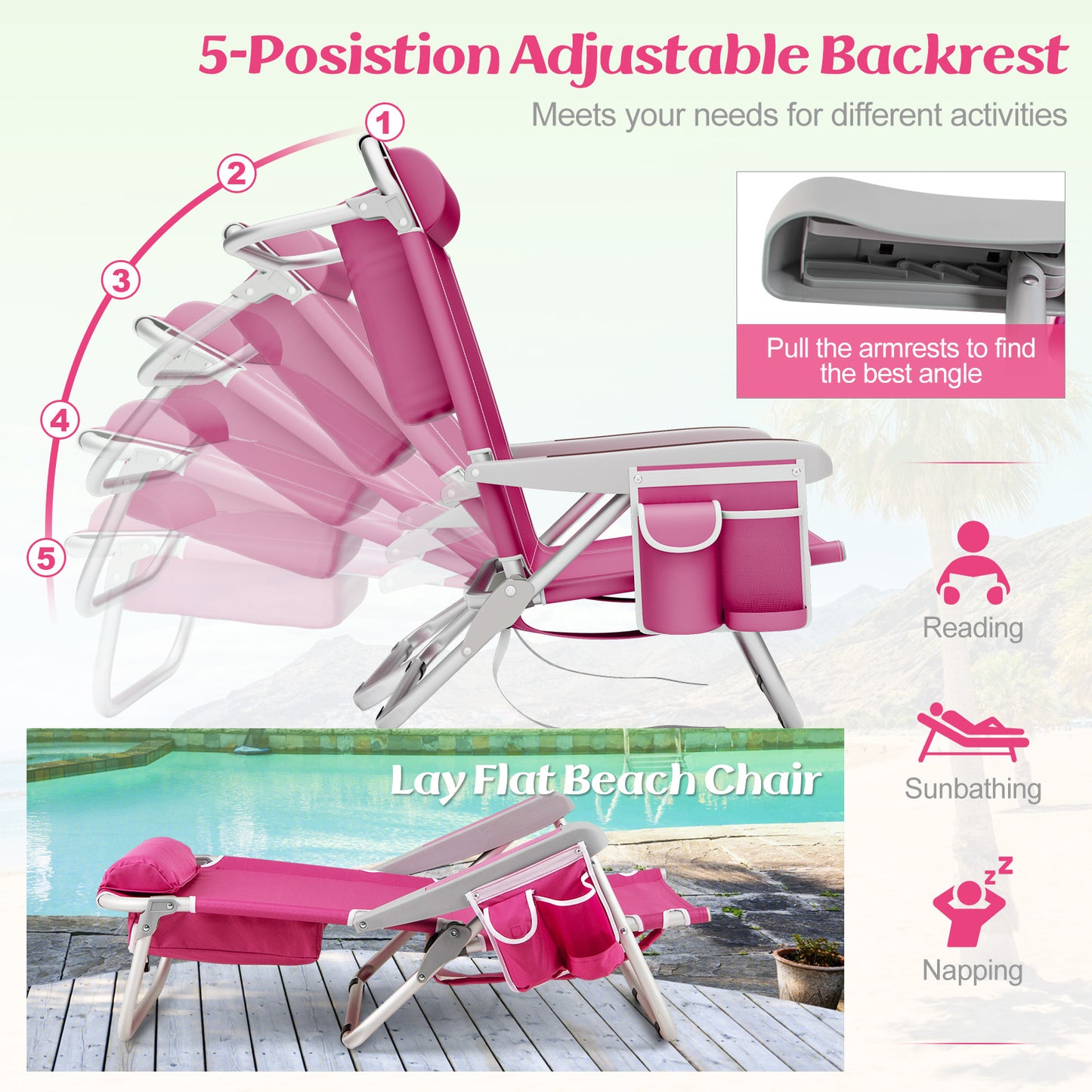 Foldable Beach Chair Set of 2 with Cup Holder & Storage