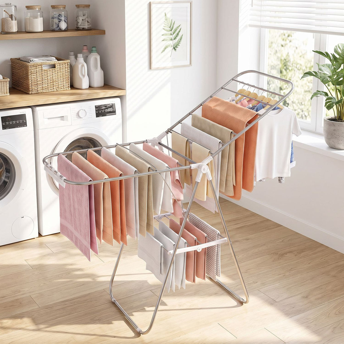 Foldable Clothes Drying Rack with Sock Clips Heavy-Duty Stainless Steel Frame