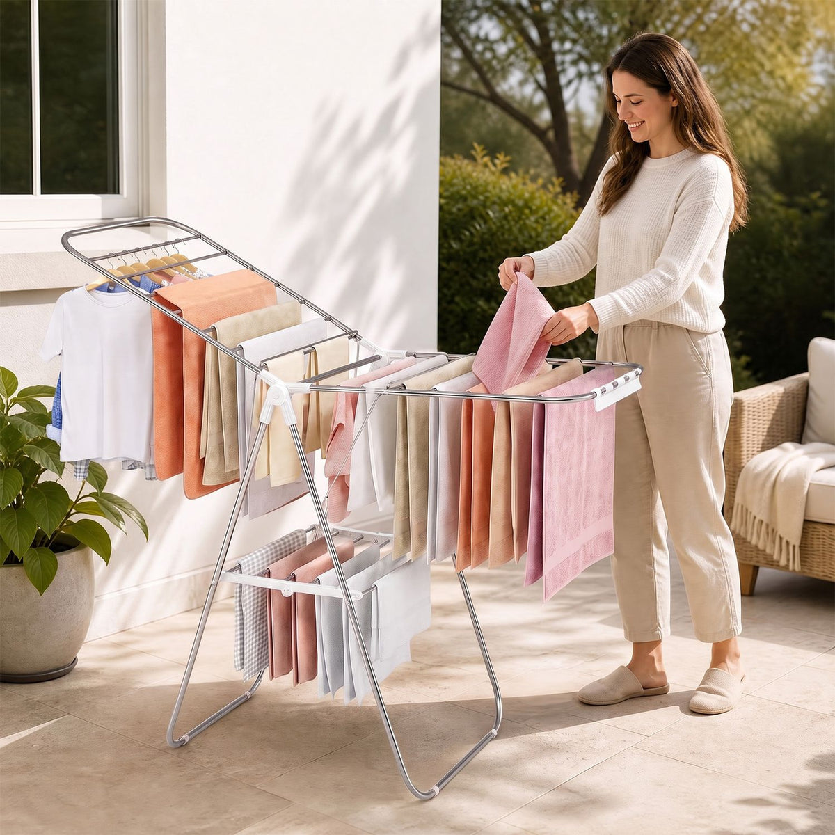 Foldable Clothes Drying Rack with Sock Clips Heavy-Duty Stainless Steel Frame